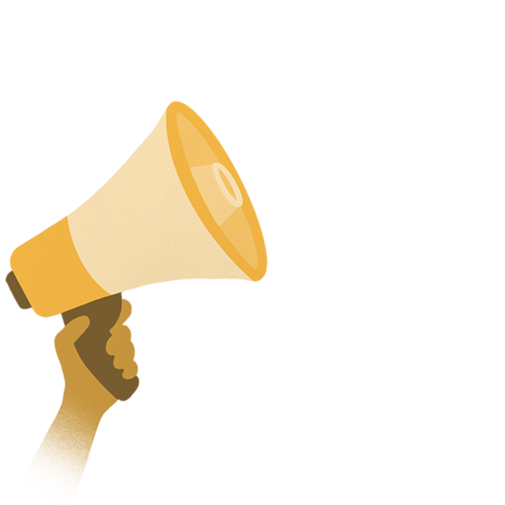 Decorative image. Yellow hand holding a yellow megaphone.