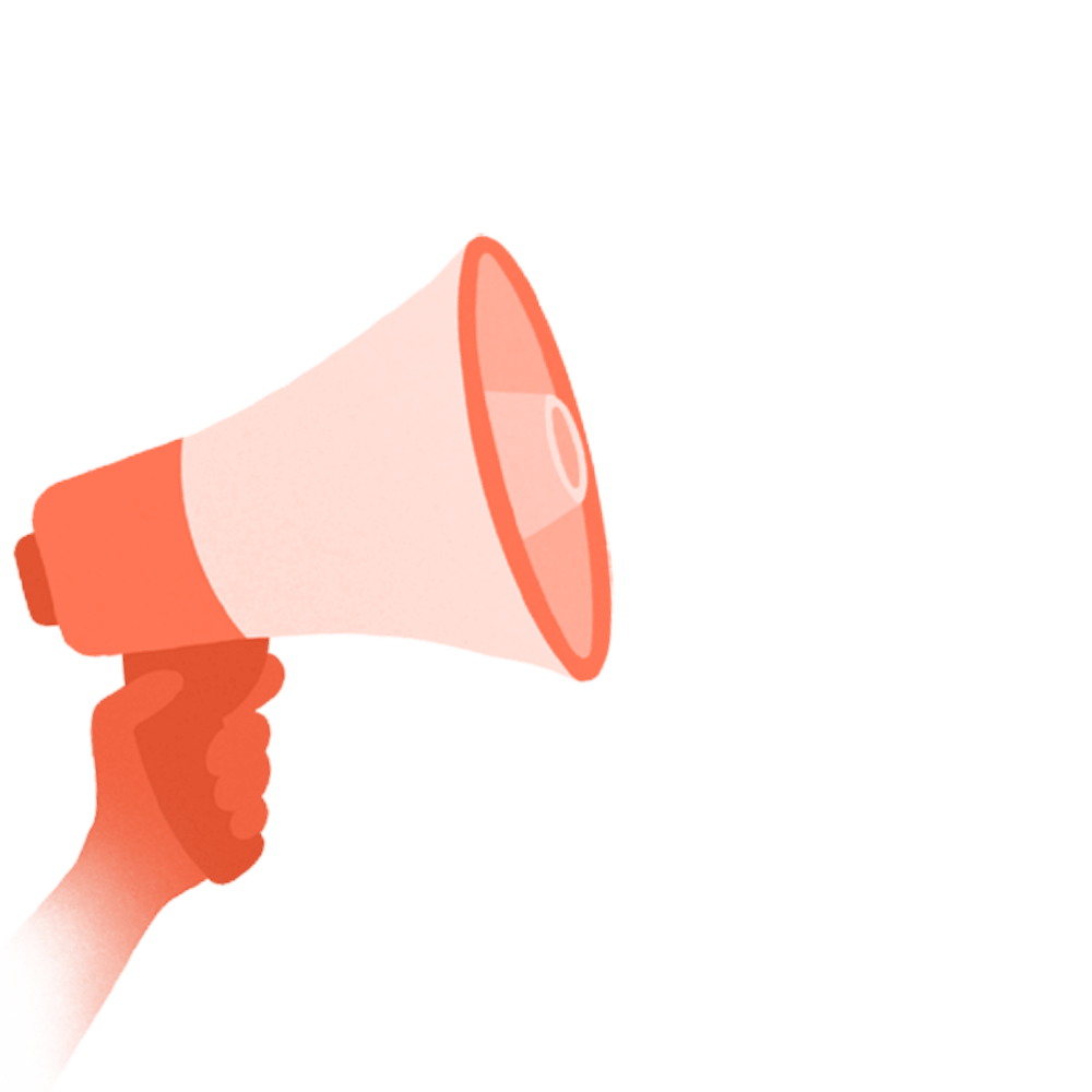 Decorative image. Yellow hand holding a yellow megaphone.